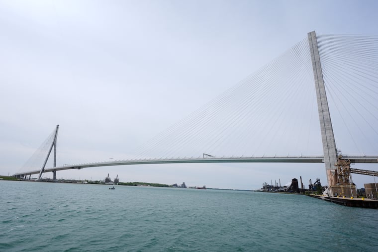 The Gordie Howe Bridge is shown under construction between Windsor, Ontario and Detroit, May 22, 2026. The bridge will open July 27 despite U.s. President Donald Trump's efforts to interfere with it.