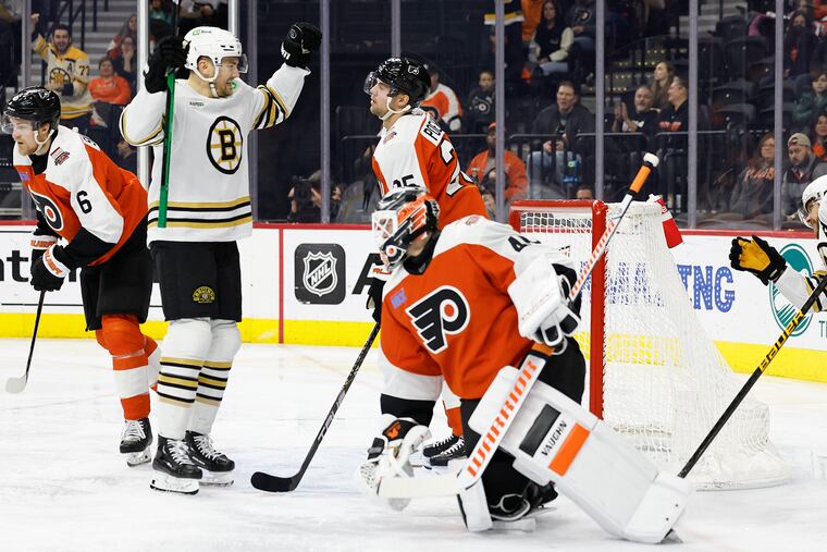 Former Flyer James van Riemsdyk (second from left) scored in his return to Philadelphia with the Bruins on Jan. 27.