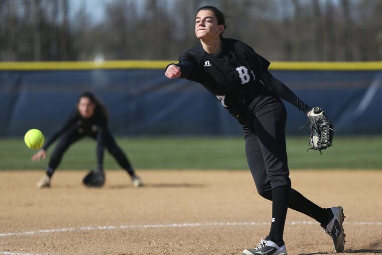 Bishop Eustace pitcher Izzy Kelly (7) throws a pitch during a game against Timber Creek at Timber Creek Regional High School in Erial, N.J., on Friday, April 20, 2018. Bishop Eustace won 4-1. TIM TAI / Staff Photographer