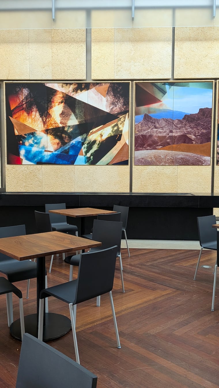 A section of the 11-panel work titled "Red Metal Dust" by artist Sky Hopinka. The artwork is on display at the Barnes Foundations' Annenberg Court through January 2027