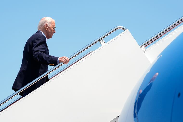 President Joe Biden boards Air Force One at Andrews Air Force Base, Md., as he leaves for a campaign trip to Madison, Wis., on Friday, July 5, 2024.