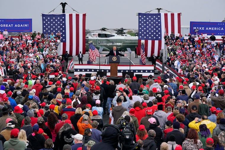 President Donald Trump addresses a campaign rally at the Altoona-Blair County Airport in Martinsburg, Pa, Monday, Oct. 26, 2020.