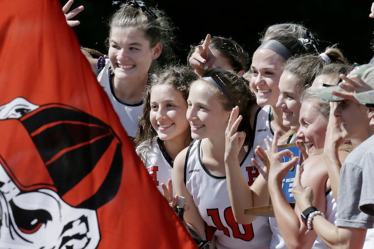 Haddonfield celebrates after the Camden Catholic at Haddonfield H.S. South Jersey Group 2 championship girls lacrosse match on May 24, 2019. Haddonfield won 15-8.