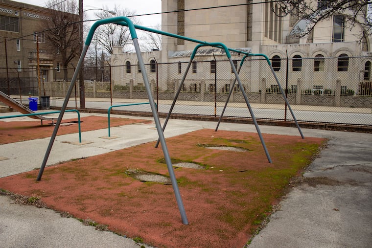 The swing set at East Poplar Playground has been without swings for years. Construction will begin this spring for a new playground and renovated athletic field at the site, supported by the beverage tax-funded Rebuild program.