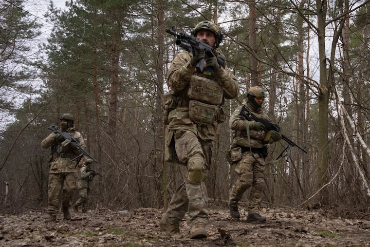 Ukrainian servicemen attend combat training in Kyiv region, Ukraine, Friday, March. 3, 2023.
