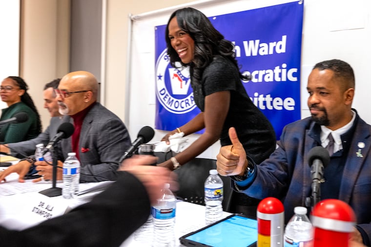 Candidates (from left) State Rep. Morgan Cephas; physician David Oxman; State Rep. Chris Rabb; physician Ala Stanford and State Sen. Sharif Street appear at a forum hosted by the 9th Ward Democratic Committee in Mt. Airy Thursday, Dec. 4, 2025.