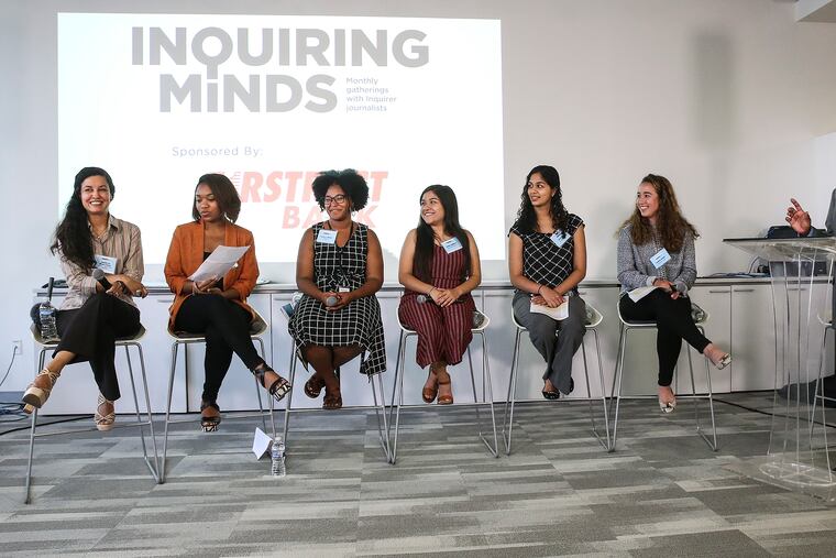Moderating at right is Michael Days, Inquirer Vice President of Diversity and Inclusion. Inquiring Minds: Lenfest Fellows (l-r) Jesenia De Moya Correa, DeArbea Walker, TyLisa Johnson, Kristen Balderas, Aneri Pattani and Heather Khalifa talk about their Made in Philly project.