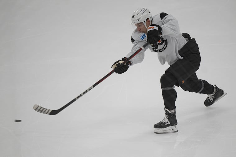 Andrei Kuzmenko skates during practice on Feb. 7. The winger will make his Flyers debut Saturday.