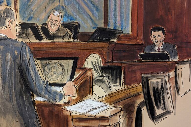 In this courtroom sketch, FTX founder Sam Bankman-Fried (right) is questioned by his attorney, Mark Cohen (left) as Judge Lewis Kaplan listens on the bench.