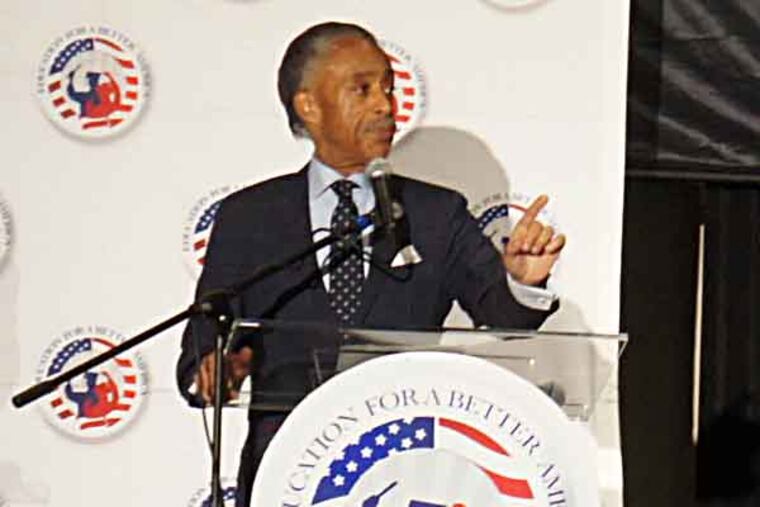 Rev. Al Sharpton delivers the keynote address at the “Higher Education Awareness, Dropout Prevention, and Health Initiative” program Saturday at the Community College of Philadelphia. (Staff photo / Jonathan Lai)