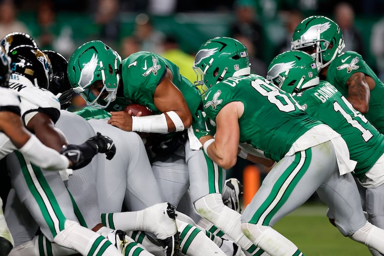 Eagles quarterback Jalen Hurts comes up short on a two-point conversion against the Jacksonville Jaguars on Sunday.