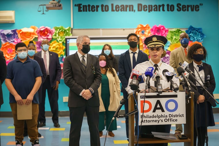 Philadelphia Police Commissioner Danielle Outlaw, District Attorney Larry Krasner and other officials gathered at Mary McLeod Bethune Elementary Monday to underscore the importance of safe schools amid a gun violence crisis in Philadelphia.