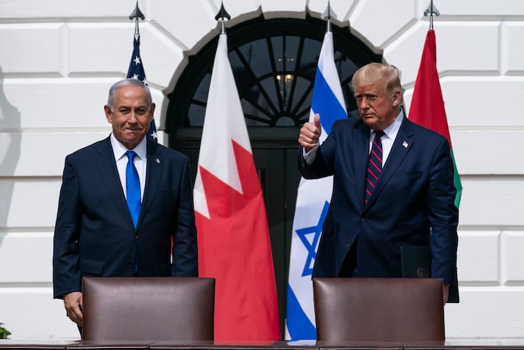 Israeli Prime Minister Benjamin Netanyahu, left, and President Donald Trump on the South Lawn of the White House on Sept. 15, 2020.