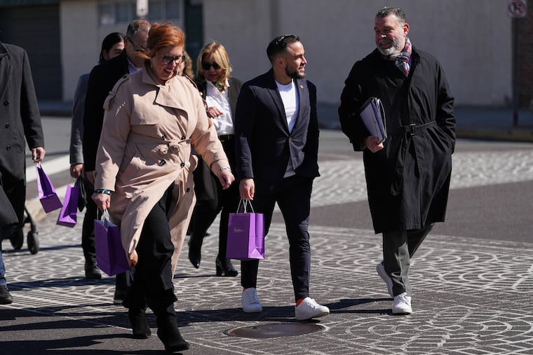 Lancaster Pa., Mayor Jaime Arroyo speaks with attendees at the ribbon cutting for a Finanta Credit Union in Reading, Pa., Wednesday, April 8, 2026.