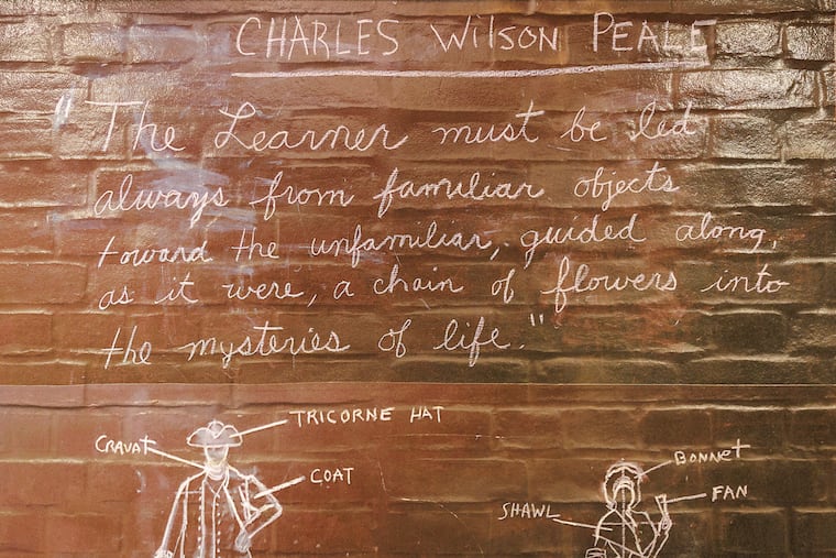 Mural panel dedicated to Charles Willson Peale with Willson misspelled. Peale’s panel is on the Market/Frankford El stop (westbound) at Fifth and Market Streets, Philadelphia. This is one of the historic panels at the Independence Hall station. Peale is renowned for his portraits of prominent figures of the American Revolution.