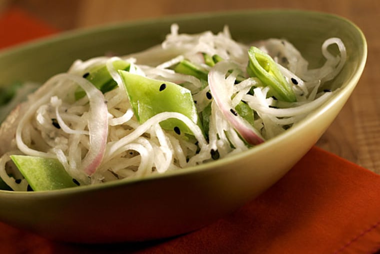Daikon Slaw combines the bland radish with snow peas, red onion, black sesame seeds, assertive rice vinegar/sesame oil dressing.