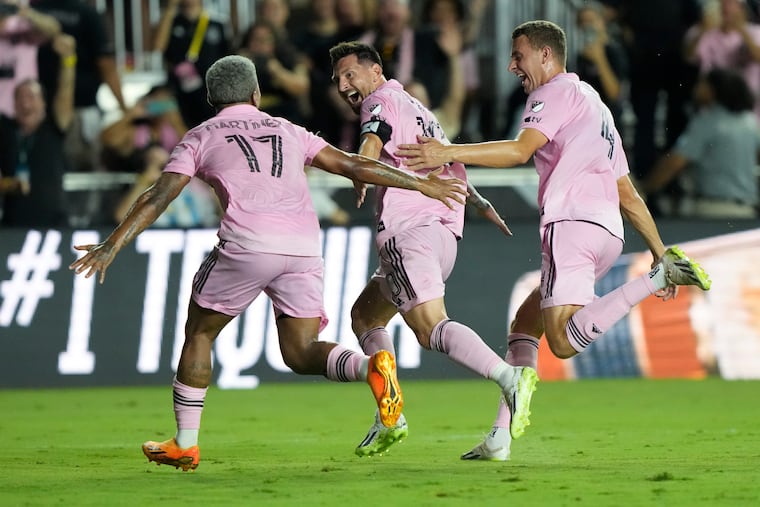 Inter Miami forward Lionel Messi (10) celebrates his goal late in the second half of a Leagues Cup match against Cruz Azul on Friday.