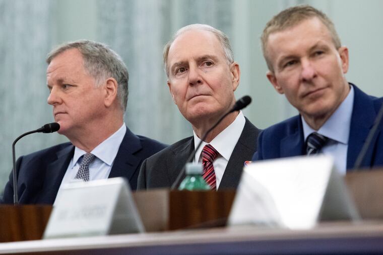 From left, American Airlines CEO Doug Parker, Southwest Airlines CEO Gary Kelly and United Airlines CEO Scott Kirby testify before the Senate Commerce, Science, and Transportation in the Russell Senate Office Building on Capitol Hill in 2021 in Washington.