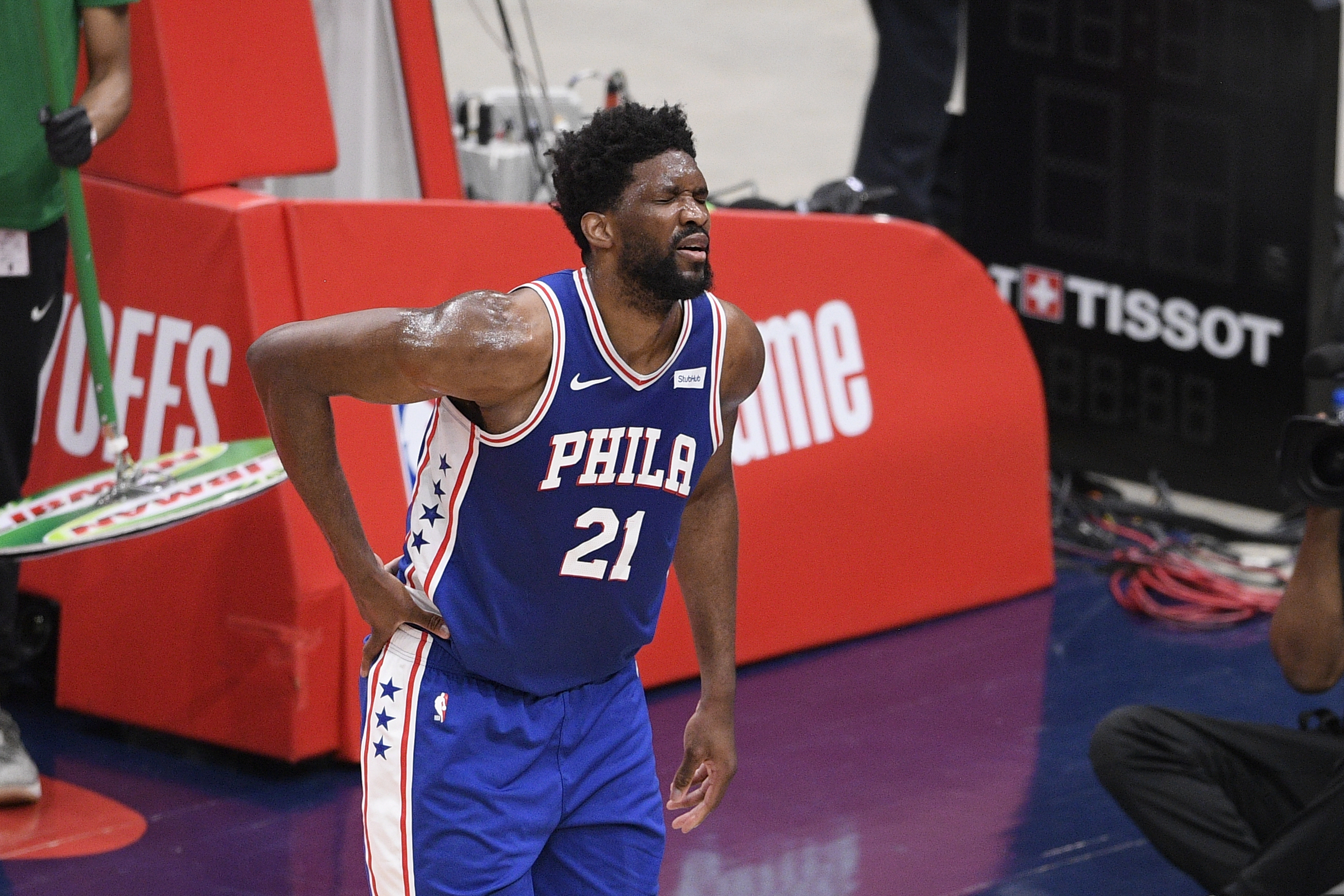 Joel Embiid suffered a torn right meniscus when he fell on his backside in Game 4. (AP Photo/Nick Wass)