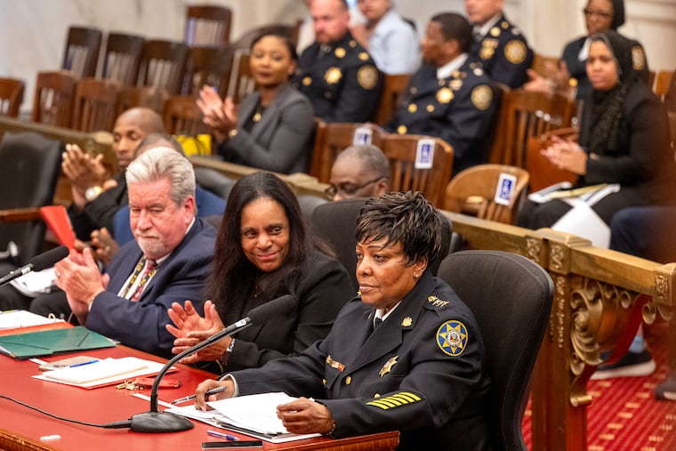 Sheriff Rochelle Bilal (right) is applauded as she testifies in City Council during its annual budget hearing in April. Bilal is asking Council to allocate almost $55 million to her office.