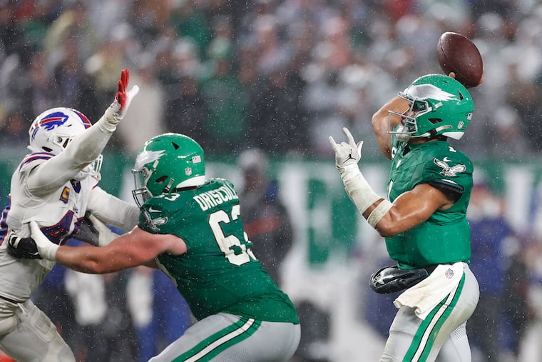 Jack Driscoll, filling in for Lane Johnson on short notice, did a good job of keeping quarterback Jalen Hurts clean for the most part.