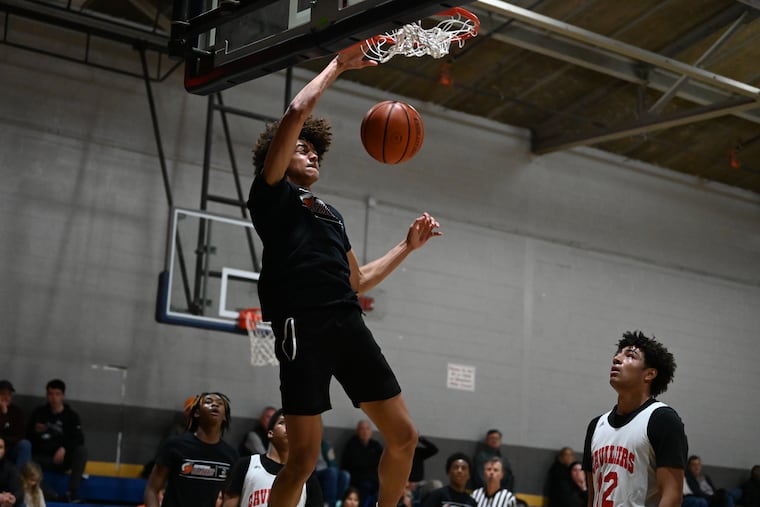 Aiden Tobiason, who is signed to play at Temple next season, dunking during the Donofrio Classic in Conshohocken last week.