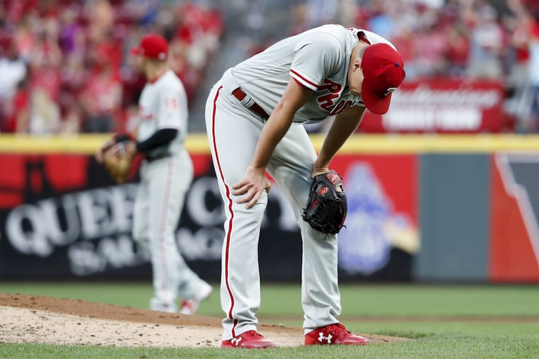 Nick Pivetta reacts after giving up a three-run home run to Cincinnati's Mason Williams in the fourth inning of the Phillies' 6-4 loss to the Reds Friday.