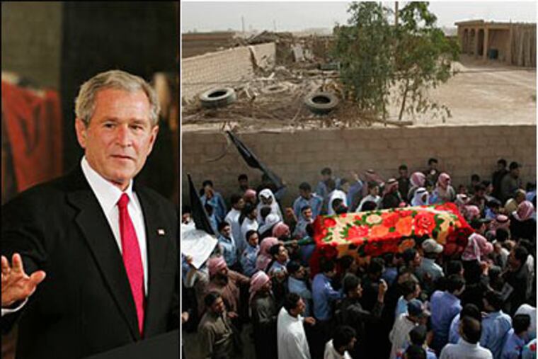 President Bush, at the White House. At right, family members and villagers carry the coffin of a relative who died when U.S. military helicopters launched an attack on Syrian territory. (AP Photos/ Hussein Malla / Haraz N. Ghanbari)