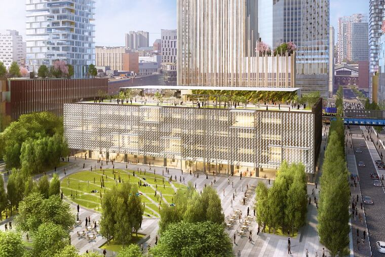 Artist’s rendering of planned Drexel Square park with renovated One Drexel Plaza, the former Bulletin Building, in the background.