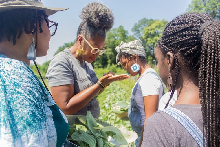 Shivon Pearl Love (center) teaches a harvesting lesson at Sankofa Community Farm in Bartram's Garden during the Our Mothers' Kitchens workshop in summer 2018.