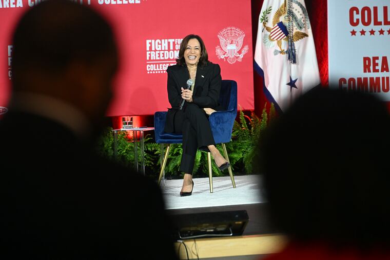 Vice President Kamala Harris listens to a question about climate change from Reading Area Community College student Nangeline Zapata in the Miller Center on Tuesday in Reading.