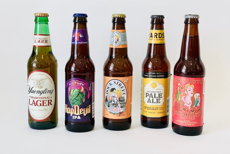 (From left) Yuengling Traditional Lager, Victory HopDevil, Dock Street Bohemian Pilsner, Yards Philadelphia Pale Ale, and Stoudts Scarlet Lady Ale.