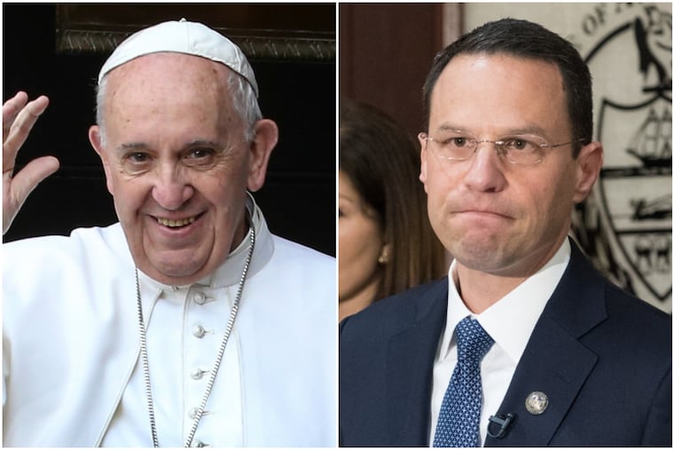 Pa. Attorney General Josh Shapiro, right, sent a letter to Pope Francis, left, asking him to intervene in the legal battle over a secret grand jury report into clergy sex abuse in the state.