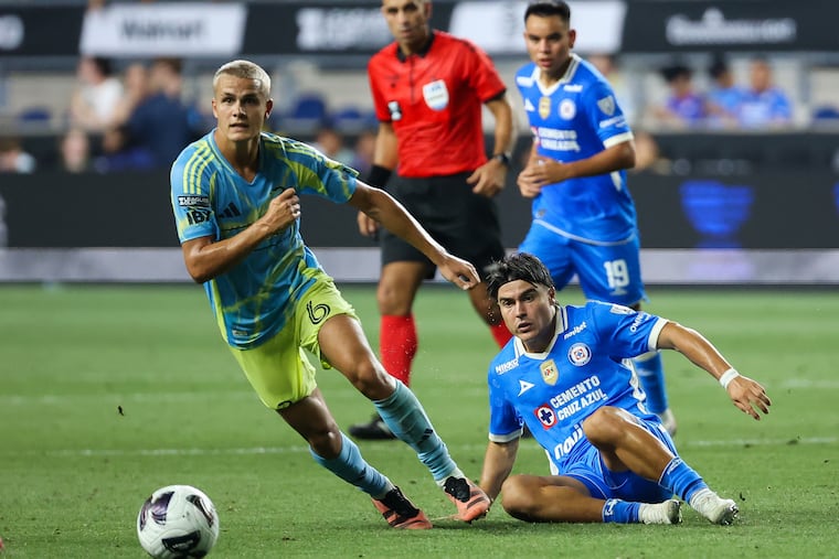 Union midfielder Cavan Sullivan (6) battles Cruz Azul forward Luka Romero (18) during the second half of their first round Leagues Cup game at Subaru Park on Thursday.