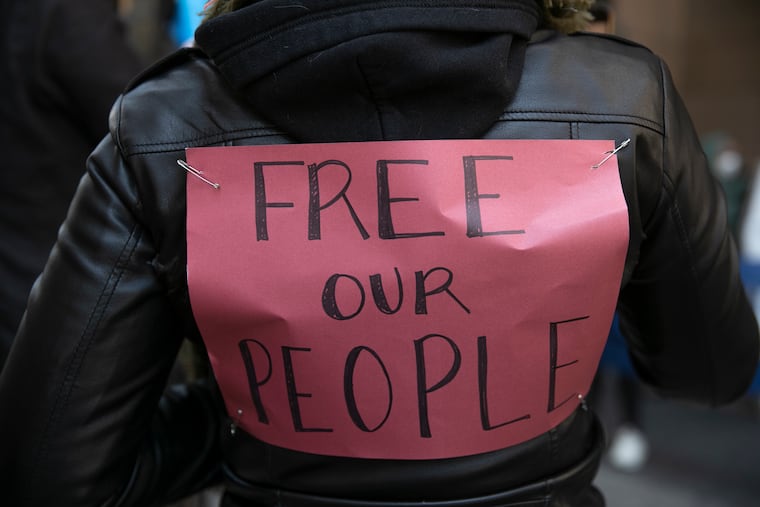 Protesters rally outside of the Juanita Kidd Stout Center for Criminal Justice in Philadelphia on April 15, 2020. The protesters were there to demand the release of more inmates in city jails due to coronavirus fears. Unions representing workers at the city jails have also joined the campaign to reduce the jail population.