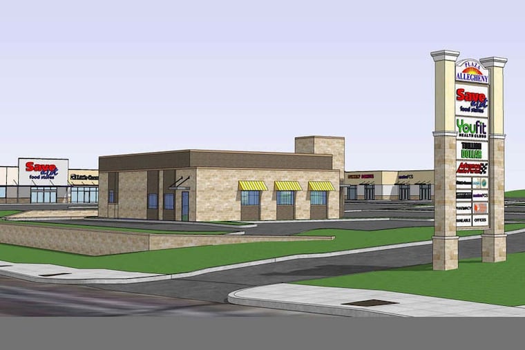 An artist's rendering shows the Plaza Allegheny shopping center in completed form near Third Street and Allegheny Avenue. The surrounding Fairhill neighborhood badly needs the 140 jobs it is projected to generate.