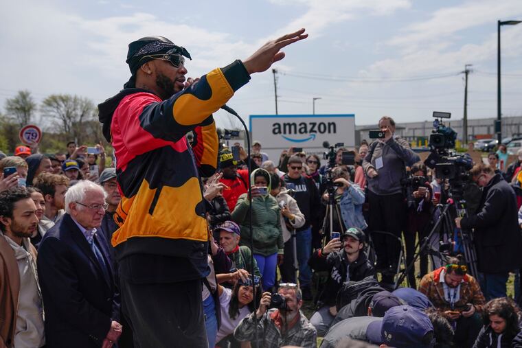 Christian Smalls, president of the Amazon Labor Union, speaks at a rally outside an Amazon facility on Staten Island in New York last month.