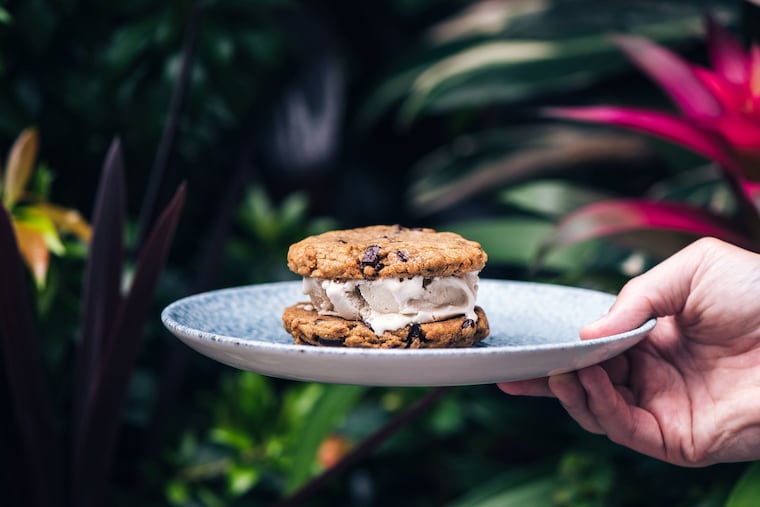 K'Far's tehina ice cream sandwich, featuring the restaurant's signature tehina chocolate chip cookies and a tehina-almond based ice cream.