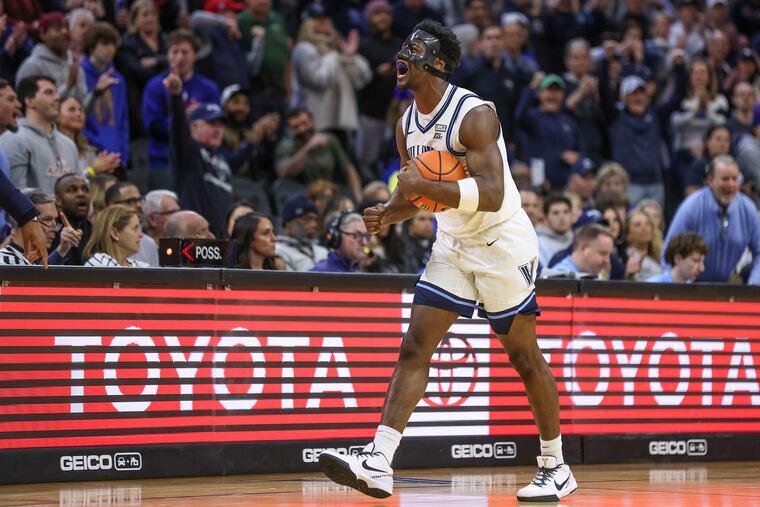 Villanova Wildcats guard TJ Bamba reacts after forcing a jump ball to give Villanova possession late in the second half of a game against the Creighton Bluejays at Wells Fargo Center in Philadelphia on Saturday, March 9, 2024. Despite the comeback, Villanova lost, 69-67.