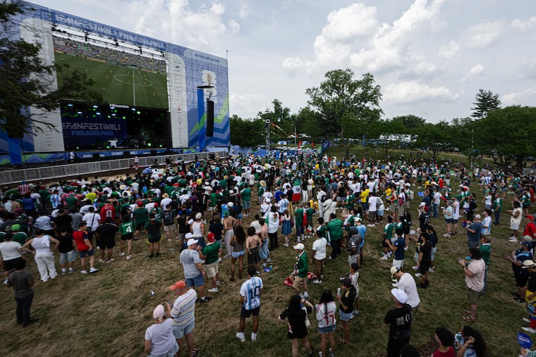 Soccer fans gather in front of a giant screen to watch the FIFA World Cup opening match between Mexico and South Africa during the opening day of the FIFA Fan Festival at Lemon Hill on Thursday.