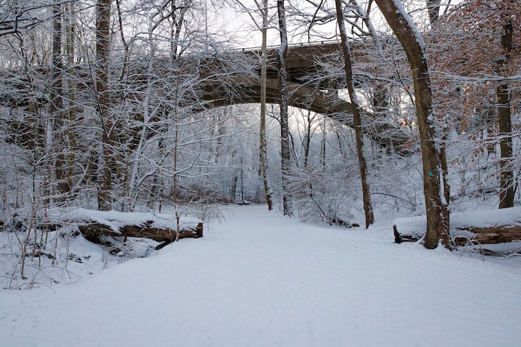 A snow-covered trail in the Wissahickon Valley on Monday. The snow cover may be deeper next Monday.