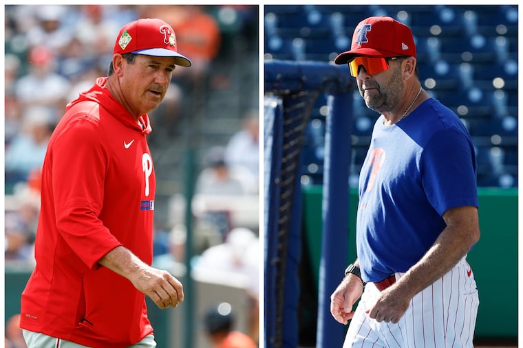 Phillies manager Rob Thomson (left) and hitting coach Kevin Long have had a successful run together.