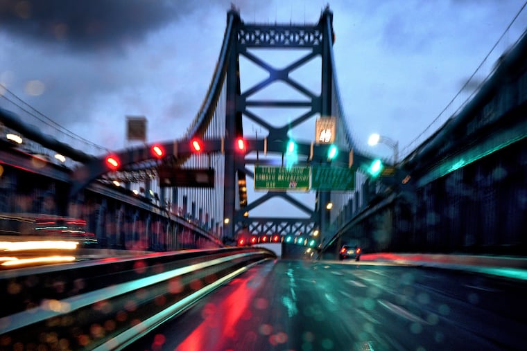 The Ben Franklin Bridge on a rainy day. Operated by the DRPA, the span connects Camden to Philadelphia.