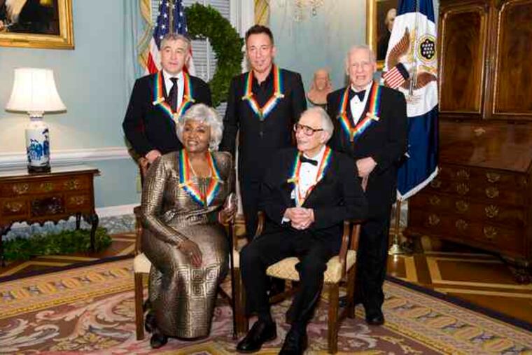 The 2009 Kennedy Center honorees at the dinner for them Saturday. Seated, Grace Bumbryand Dave Bubreck. Standing (from left), Robert De Niro, Bruce Springsteen, and Mel Brooks.A show yesterday in their honor was attended by President Obama and other dignitaries.