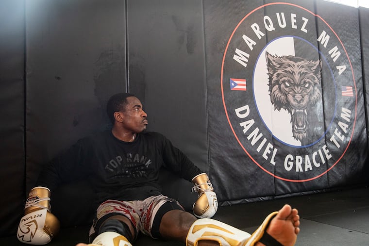 Jeremiah Wells resting after sparring at Marquez MMA in Philadelphia.