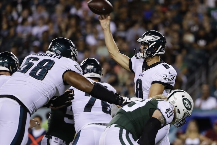 Philadelphia Eagles quarterback Christian Hackenberg during a preseason NFL football game against the New York Jets in Philadelphia, Thursday, Aug. 30, 2018. (AP Photo/Matt Rourke)