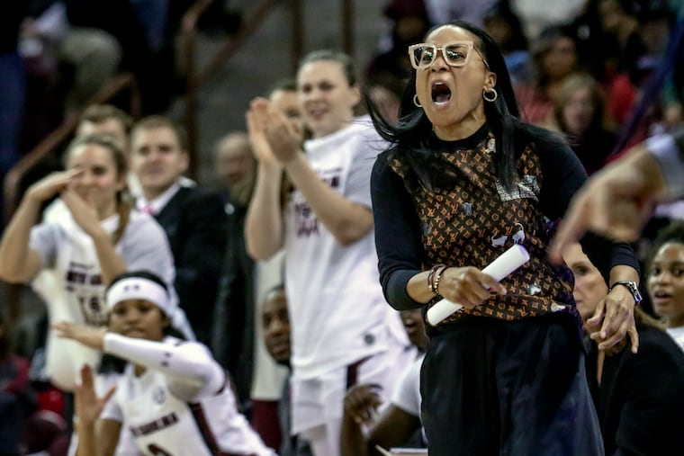 In this Jan. 2, 2020, file photo, South Carolina coach Dawn Staley disputes a call during the second half of a basketball game against Kentucky.