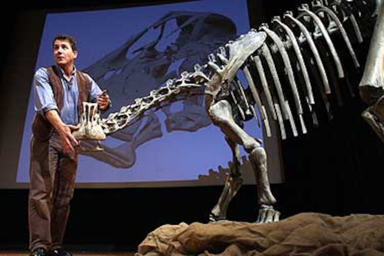 Paul Sereno, National Geographic Explorer-in-Residence and paleontologist, during a news conference at the National Geographic Society in Washington on Thursday. He unveiled a new dinosaur, an elephant-sized animal called Nigersaurus taqueti.