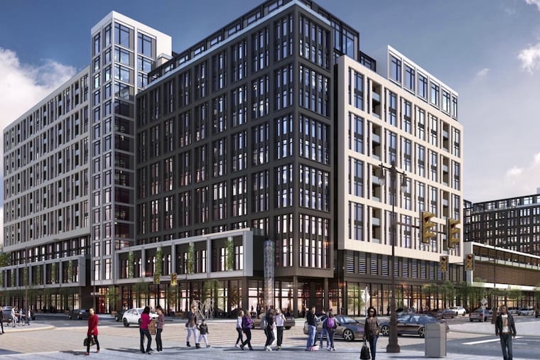 Artist's rendering of developer Bart Blatstein's proposal for a new apartment complex in South Philadelphia, as viewed facing northeast from the corner of Broad Street and Washington Avenue.