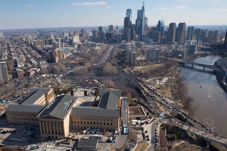 A view of the parade on the Benjamin Franklin Parkway during the Philadelphia Eagles' Super Bowl Victory Parade on Thursday, February 8, 2018.